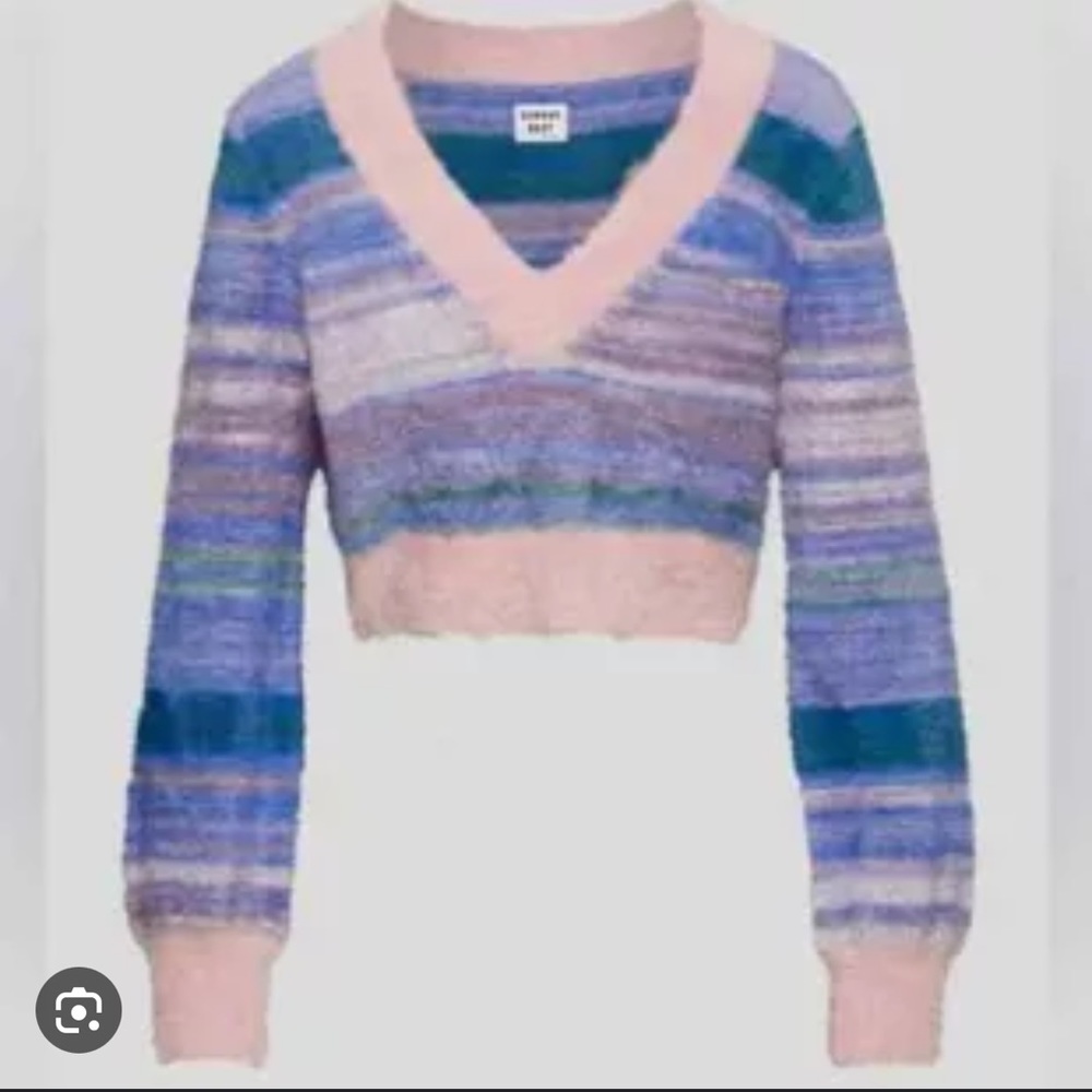 Sunday Best Striped V Neck Kitten Cropped Sweater Size S